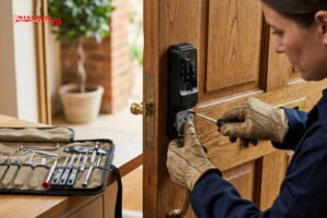 Locksmith installing a digital smart lock on door.