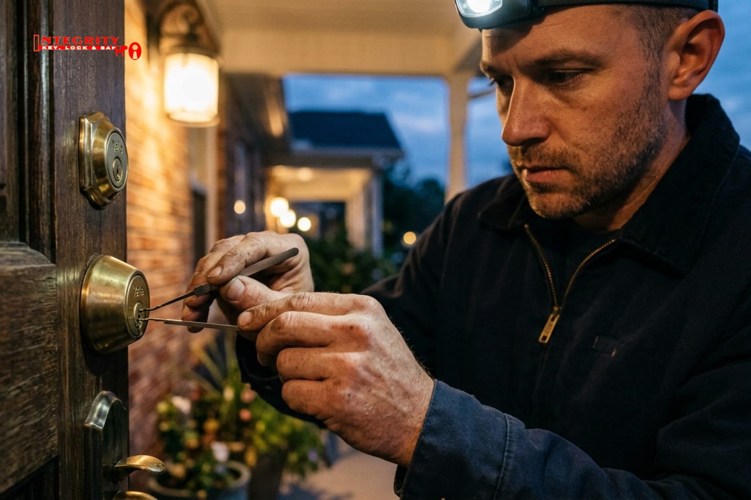 Locksmith picking a residential door lock.