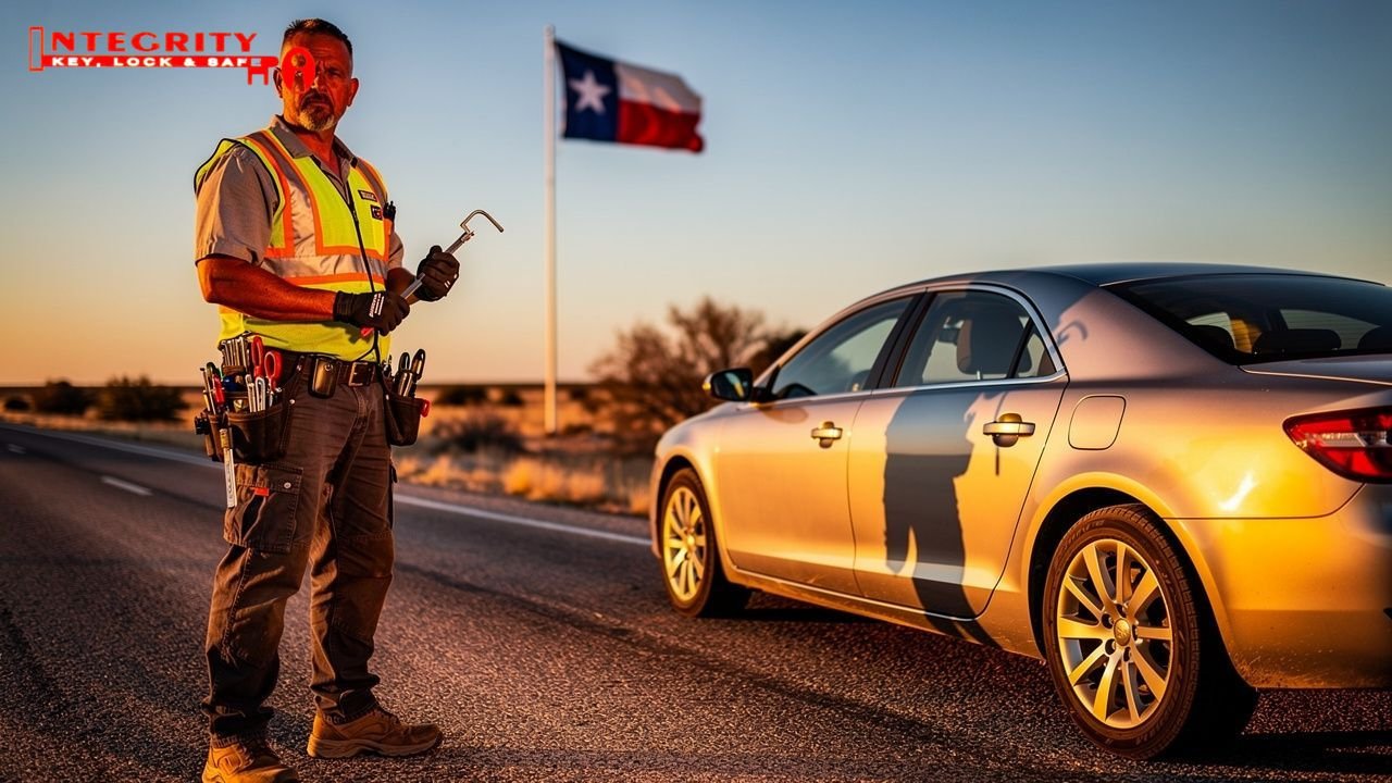 A_realistic_photograph_of_a_Texas_locksmith_holding_a_lockout_tool_next_to_a_sed