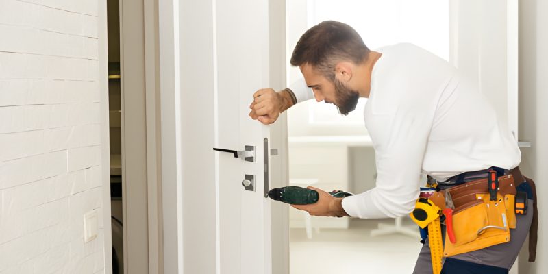 Close-up Woman hand Pressing down on electronic access control at door house