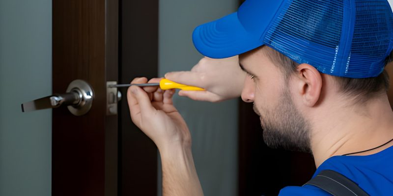 Handyman repair the door lock in the room. Closeup of man repairing the doorknob