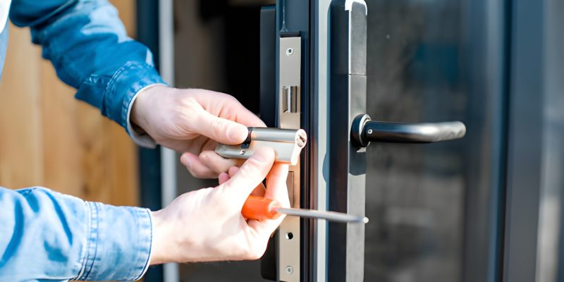 Man changing core of a door lock