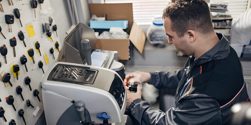 One man, professional key cutter, making car keys copies on modern machine.